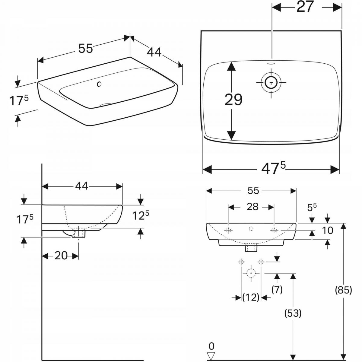 Umywalka Selnova Square B55 cm, H17.5 cm, T44 cm, z przelewem, bez otworu n