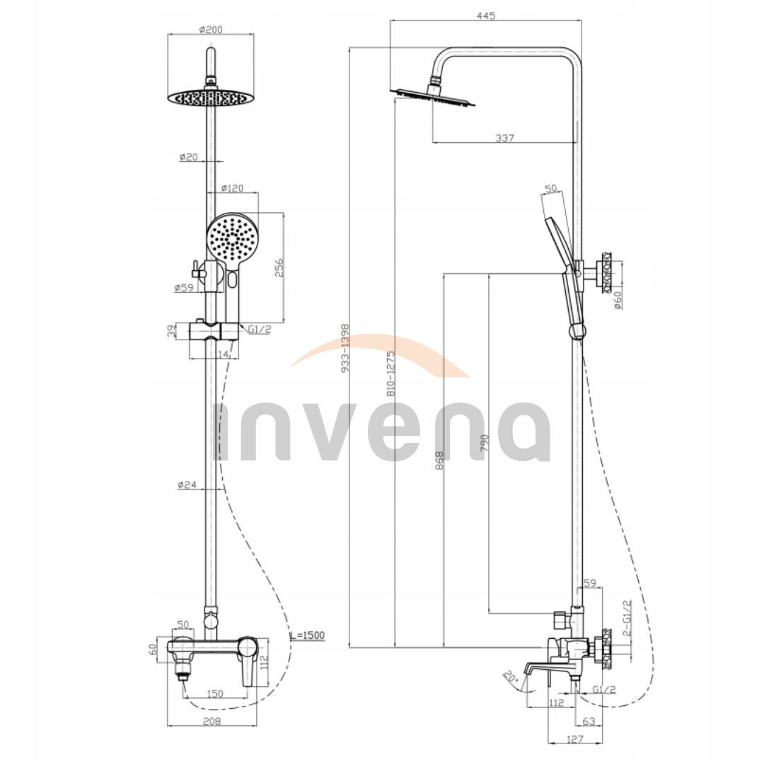 INVENA DESZCZOWNIA Z BATERIĄ WANN-NATR FIRA INVENA TREND CZARNA