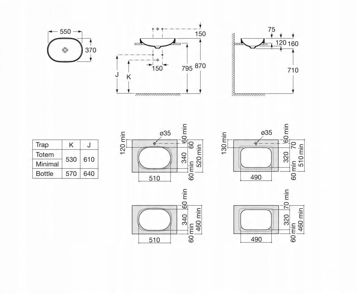 Umywalka nablatowa INSPIRA ROUND 55x37cm, b/otw., b/przel. Biały ROCA