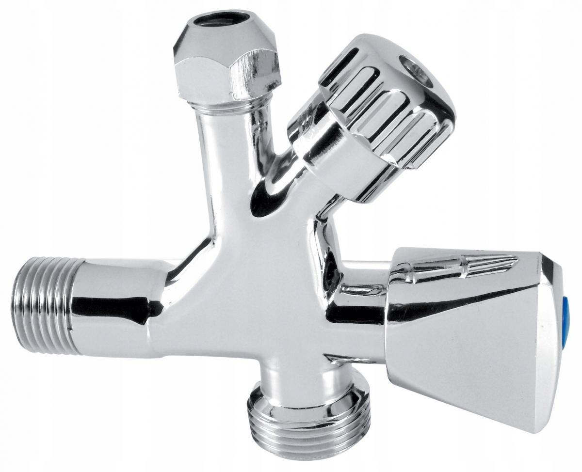 Zawór kątowy Kombi 3-8 x 1-2 x 3-4,ze złączką do rury miedzianej fi10mm