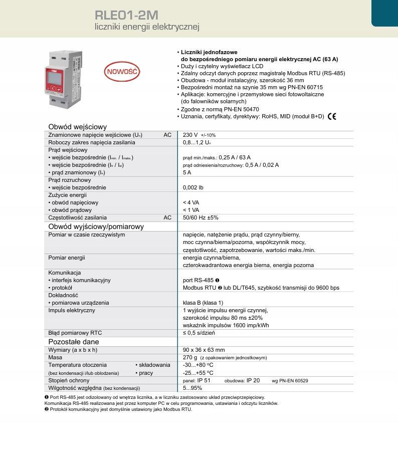 Jednofazowy cyfrowy licznik energii elektrycznej RLE01-2M – MID, CE, 63A, R