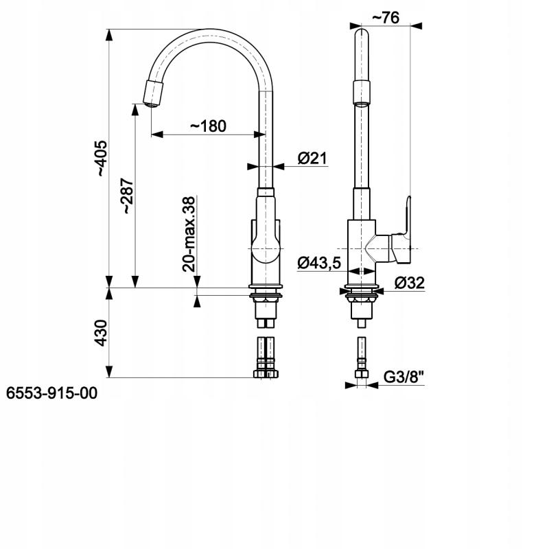 Bateria kuchenna stojąca ARMATURA KRAKÓW RUMBA 1ot szara/chrom z giętką wyl