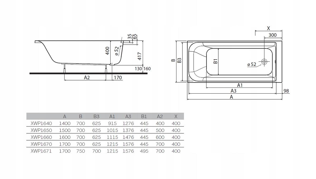 KOŁO Wanna akrylowa prostokątna GEBERIT Rekord 1500 700 mm biała