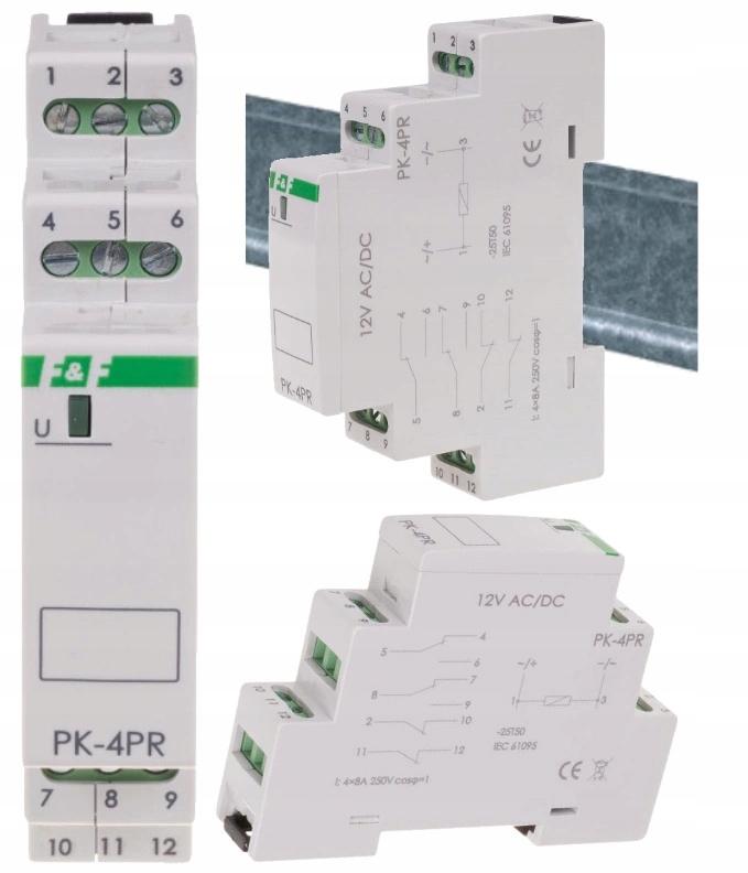 Przekaźnik elektromagnetyczny PK-4PR 12V 12V AC/DC styk: 2P I=2x8A 2R I=2x8
