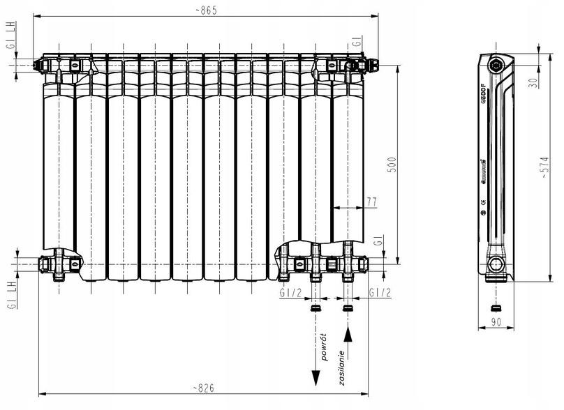 Grzejnik G 500 F/D 1110 W 826 x 572 x 90 mm przyłącze dolne