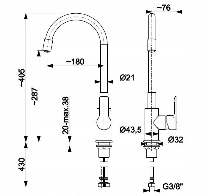 Bateria kuchenna stojąca ARMATURA KRAKÓW RUMBA 1ot szara/chrom z giętką wyl