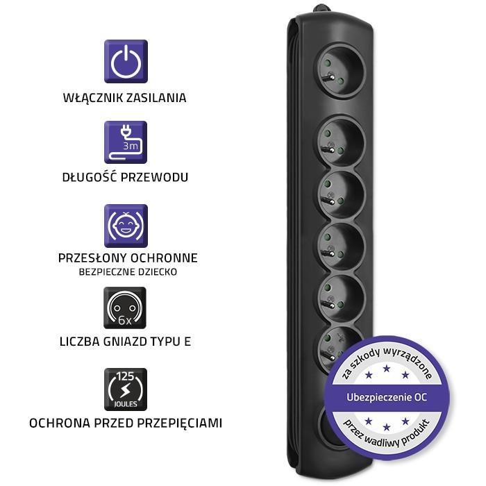 QOLTEC Listwa antyprzepięciowa Quick Switch 6 gniazd 3m