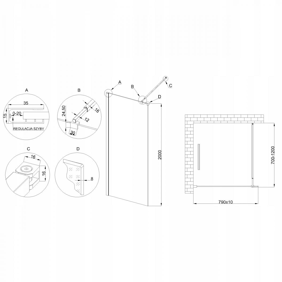 INVENA KABINA WALK-IN II 80X200CM TRANSP 8MM SHINY-GLASS CHROM