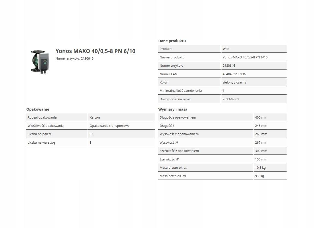 Pompa obiegowa bezdławnicowa Wilo-Yonos MAXO 40/0,5-8 PN 6/10 DN40 48h