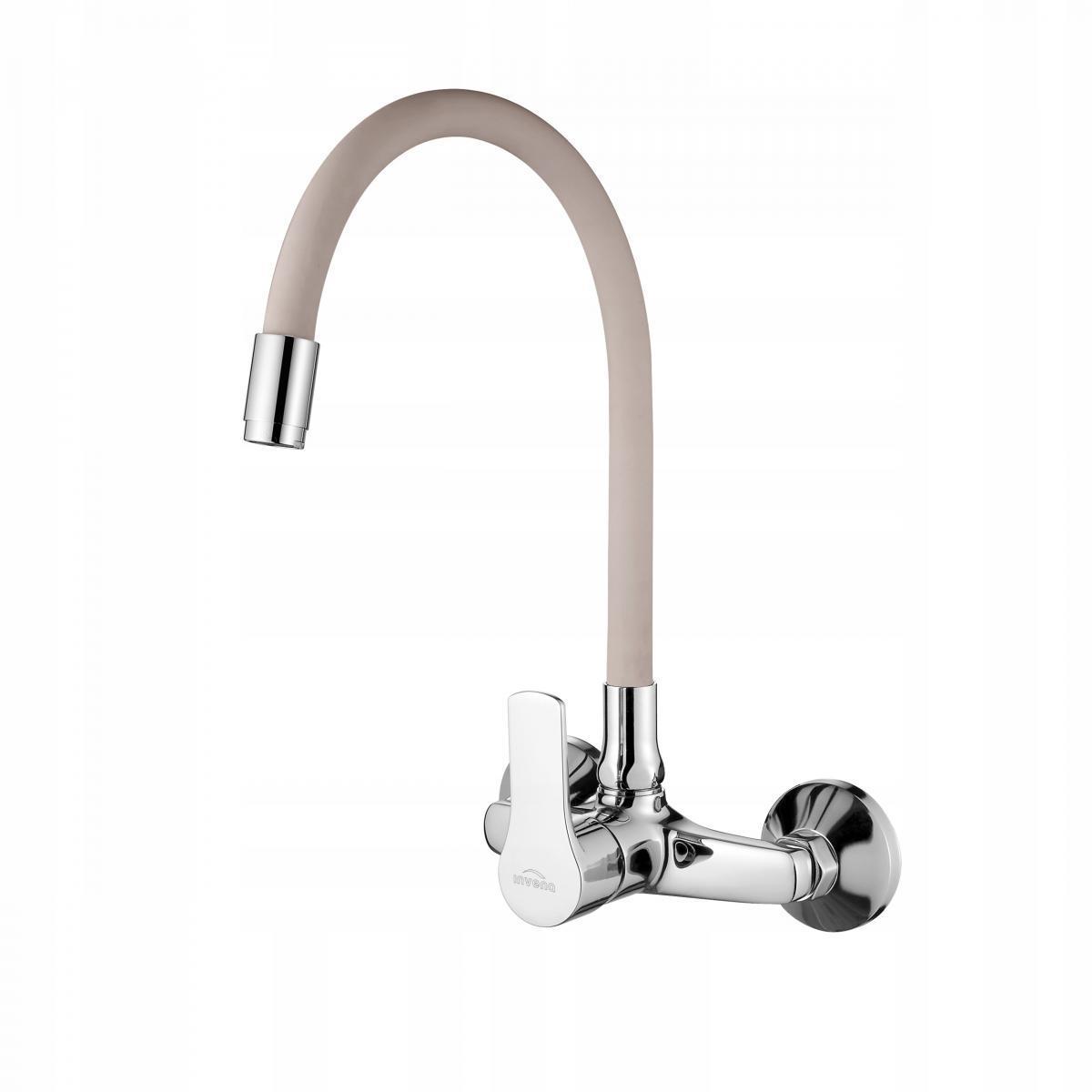 Bateria zlewozmywakowa INVENA ścienna VERSO z bężową elastyczną wylewką 48h