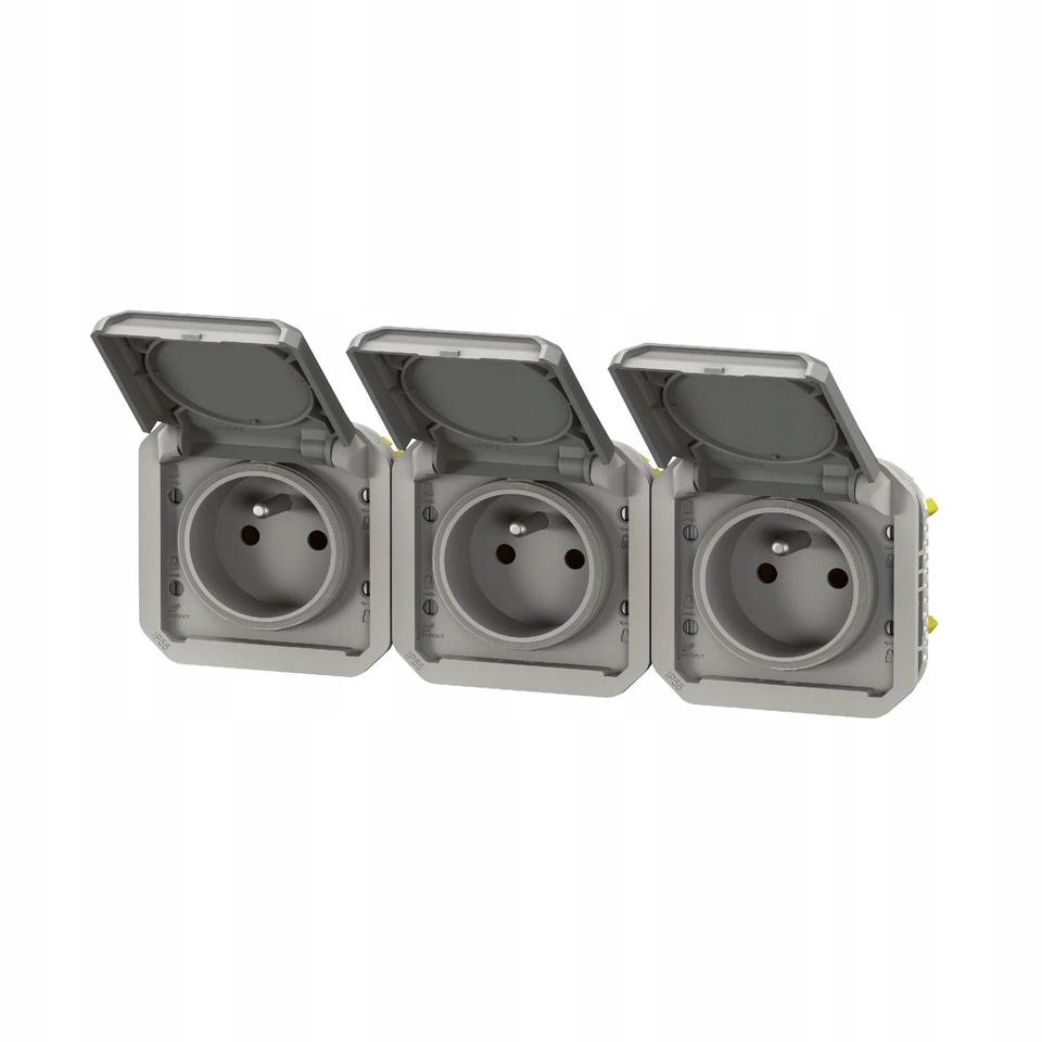 Gniazdo potrójne z uziemieniem 3x2P+Z, poziome, mechanizm 16A-250V~- szare,