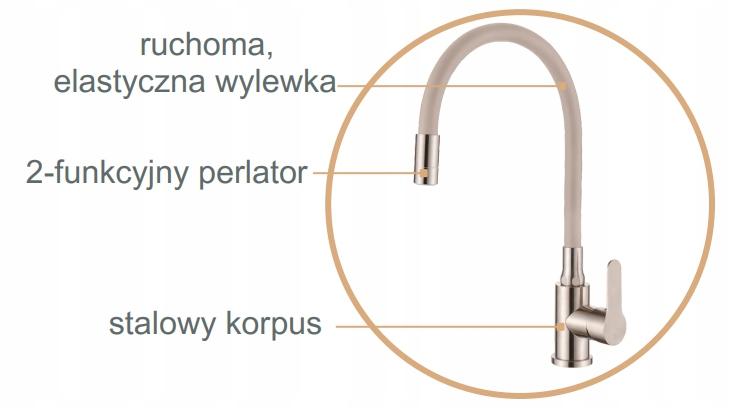 INVENA BATERIA ZLEWOZMYW KSANTI INOX Z RUCHOMĄ 2F WYLEWKĄ INOX/BEŻOWA
