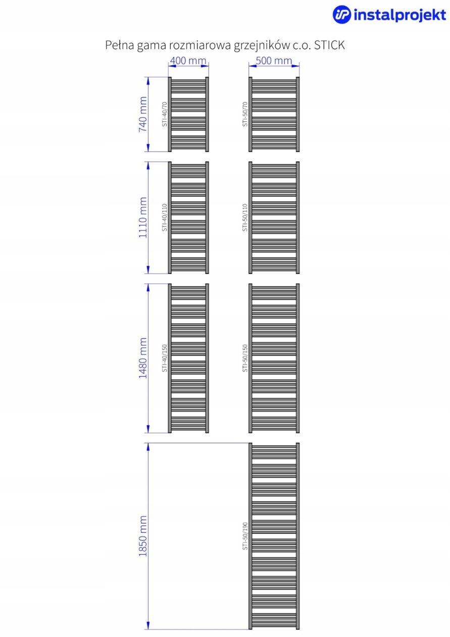 Grzejnik drabinkowy STICK 500X1110 530W, podłączenie dolne czarny mat