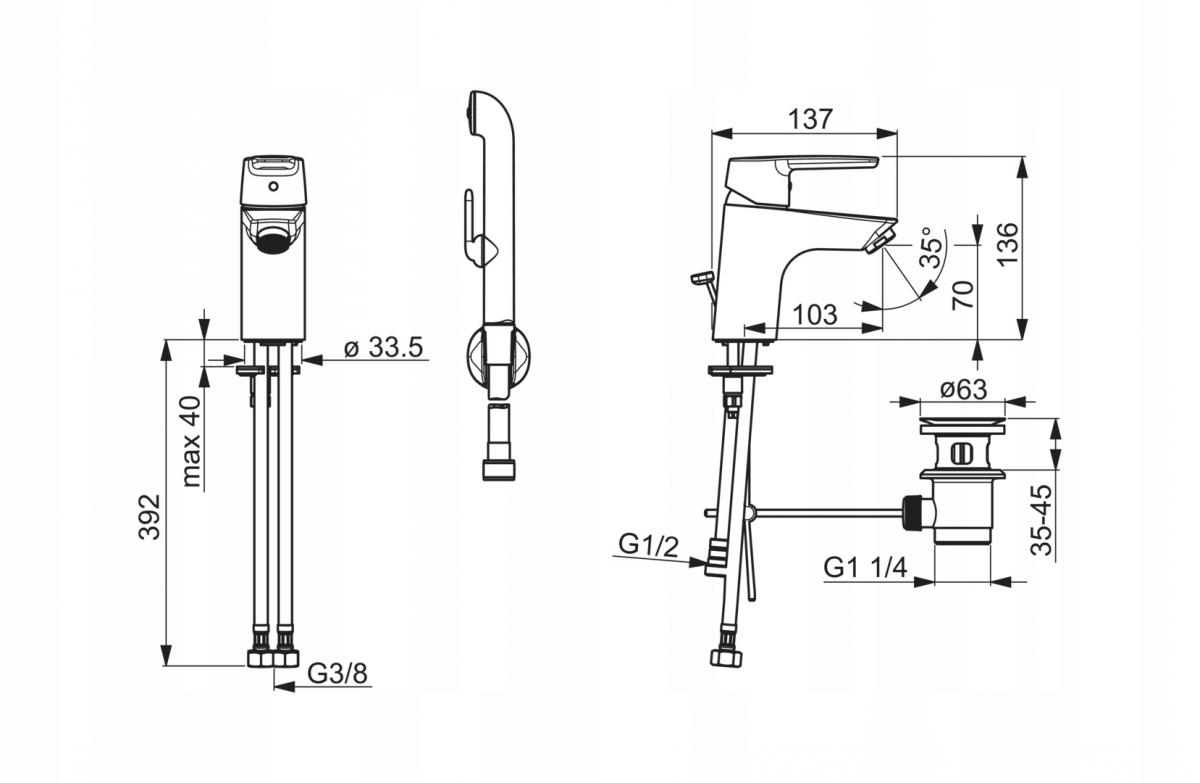 ORAS Bateria umywalkowa Saga z rączką prysznica Bidetta i zaworem spust