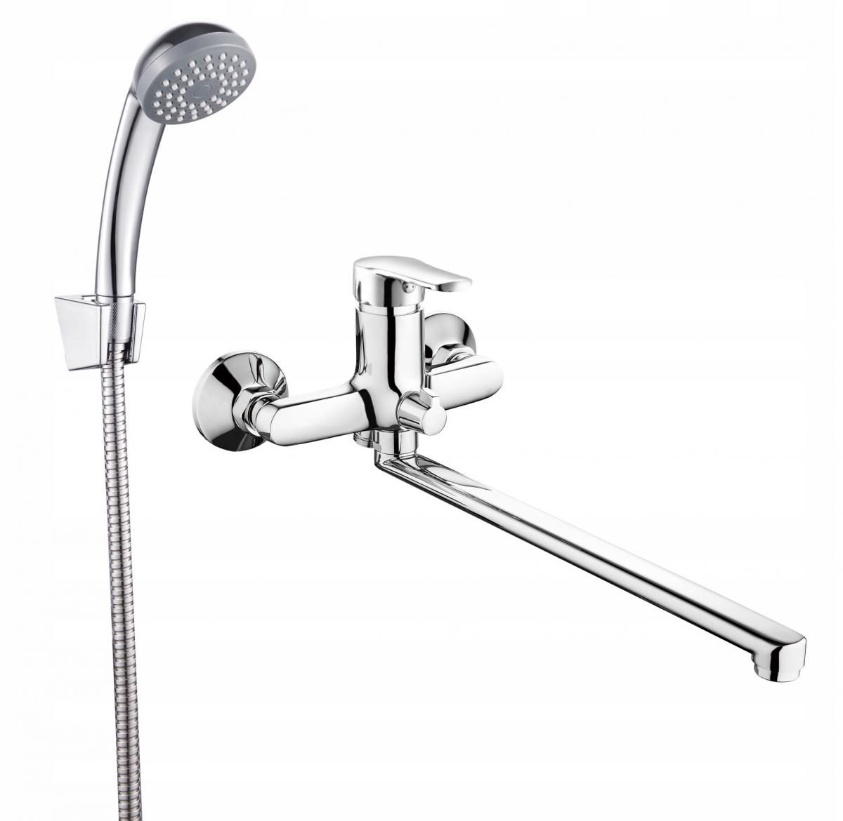 INVENA BATERIA WANNOWA VERSO Z DŁUGĄ WYLEWKĄ I ZESTAWEM NATRYSKOWYM