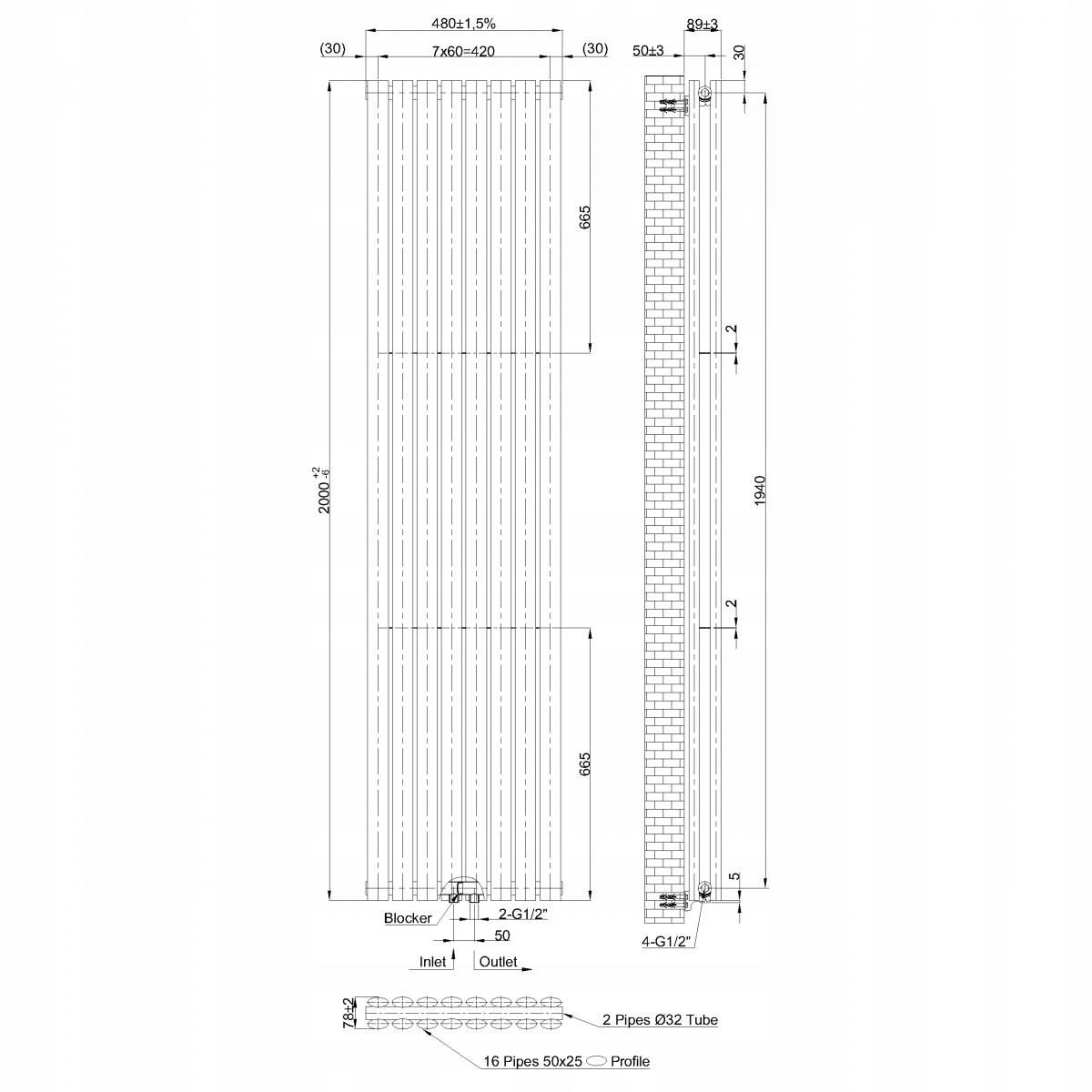 Grzejnik pionowy dekoracyjny INVENA DUO 2000X480 MOC: 1920W CZARNY