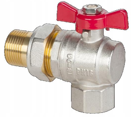 INVENA ZAWÓR KULOWY KĄTOWY ZE ŚRUBUNKIEM DN 25 Z CZERWONYM MOTYLKIEM PROV