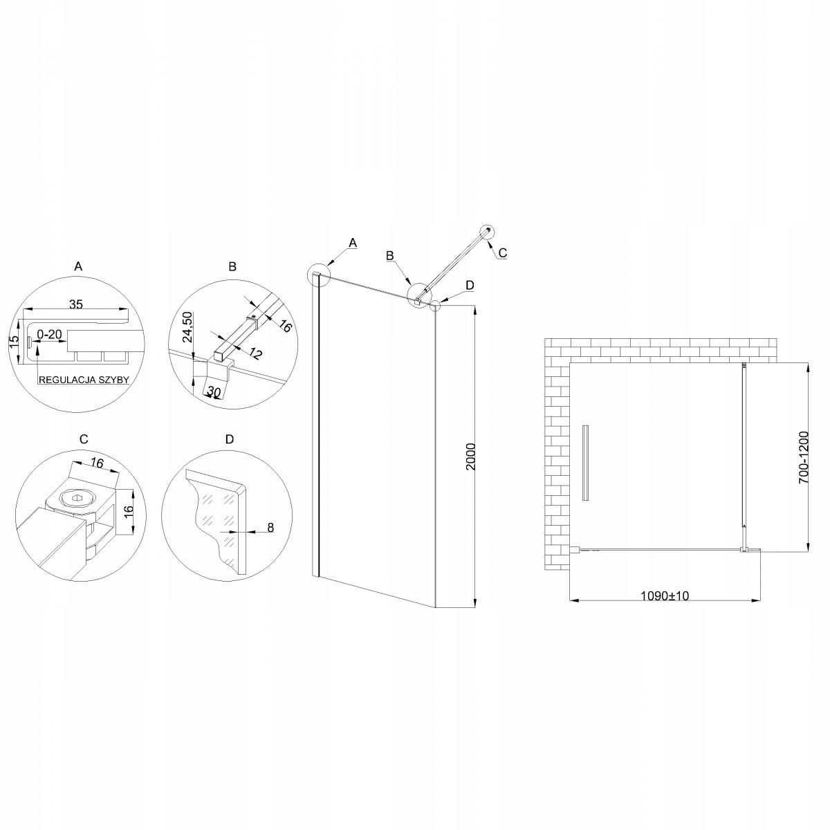 INVENA KABINA WALK-IN II 110X200CM TRANSP 8MM SHINY-GLASS CHROM
