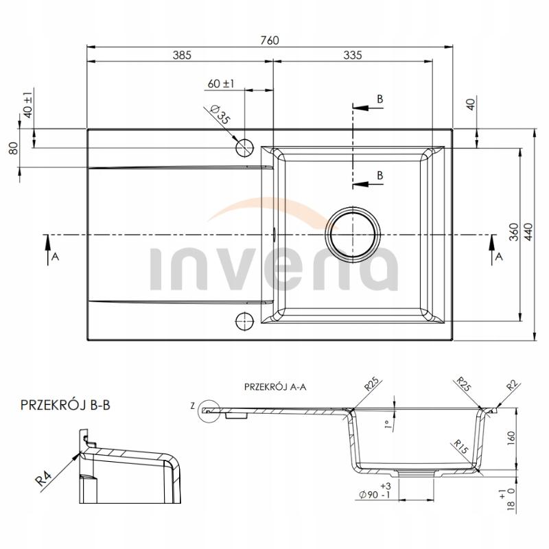 ZLEWOZMYWAK GRANIT 1K TESALIA CZARNY NAKRAPIANY Z SYF CHROM Z DŁUGIM OCIEK