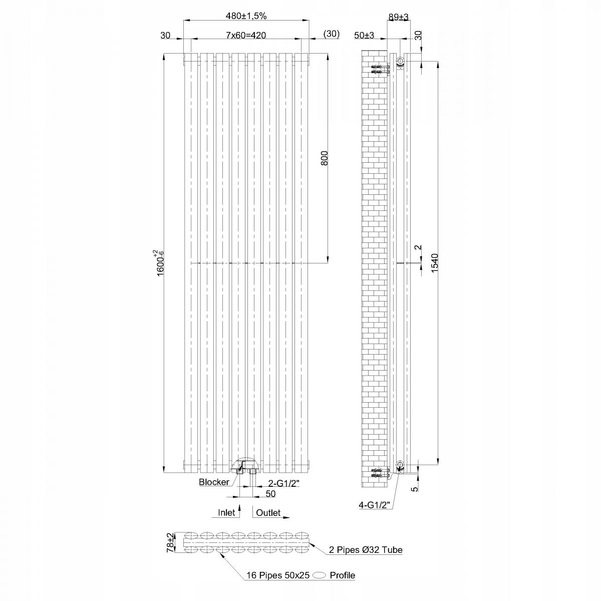 Grzejnik pionowy dekoracyjny INVENA DUO 1600X480 MOC: 1545W BIAŁY