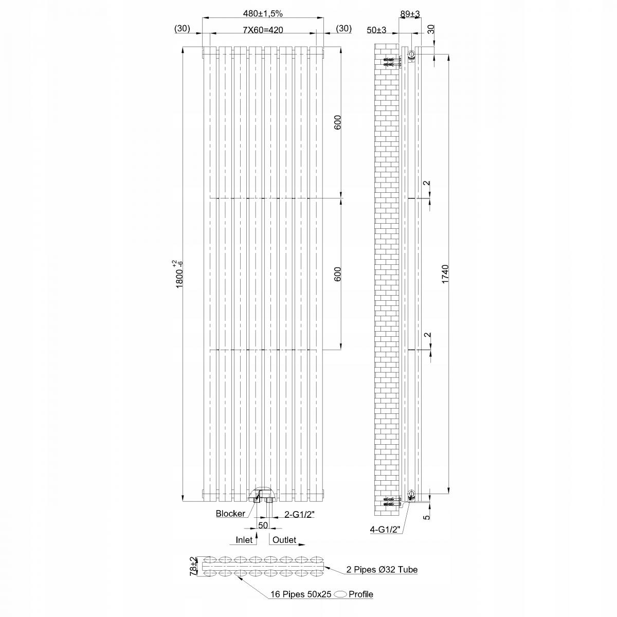 Grzejnik pionowy dekoracyjny INVENA DUO 1800X480 MOC: 1732W CZARNY