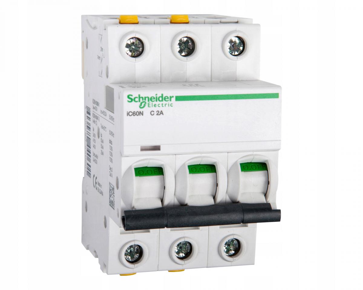 IC60N Wyłącznik nadprądowy, 2A, 6kA, charakterystyka C, 3-polowy