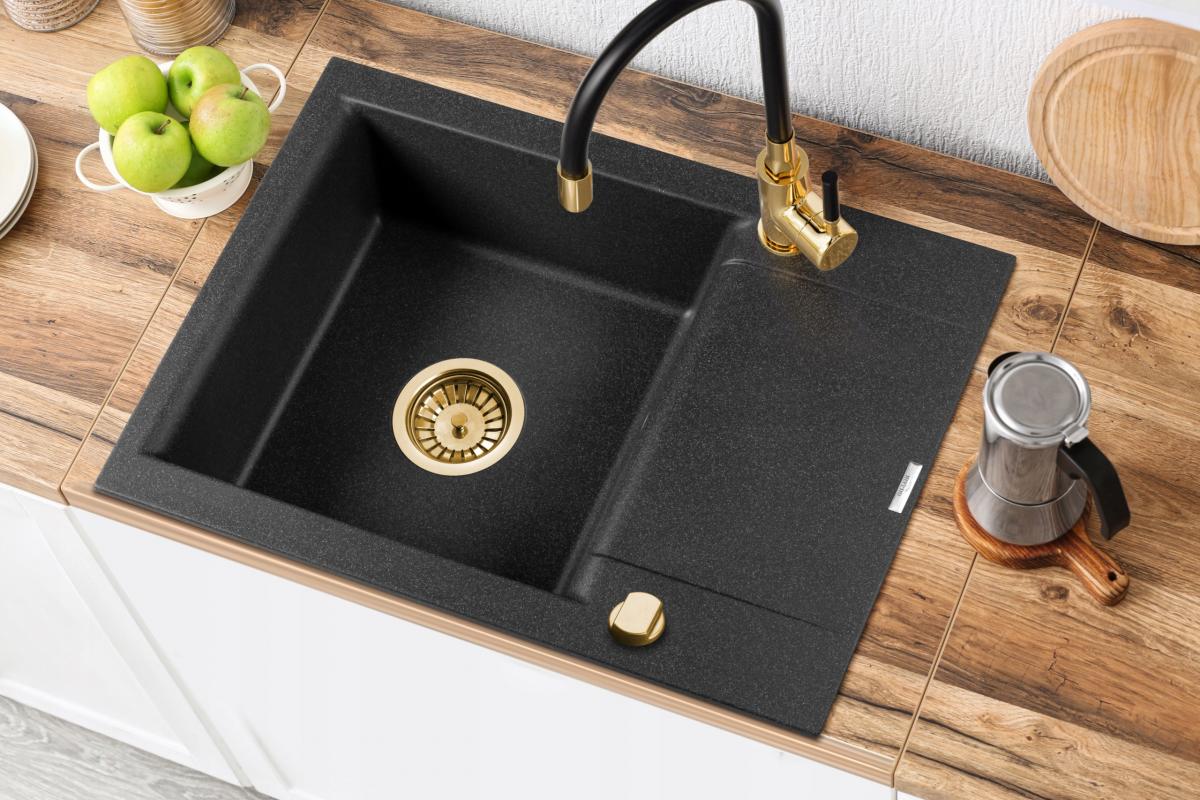 ZLEWOZMYWAK GRANIT 1K TESALIA CZARNY NAKRAPIANY Z SYF ZŁOTY Z KRÓTKIM OCIEK