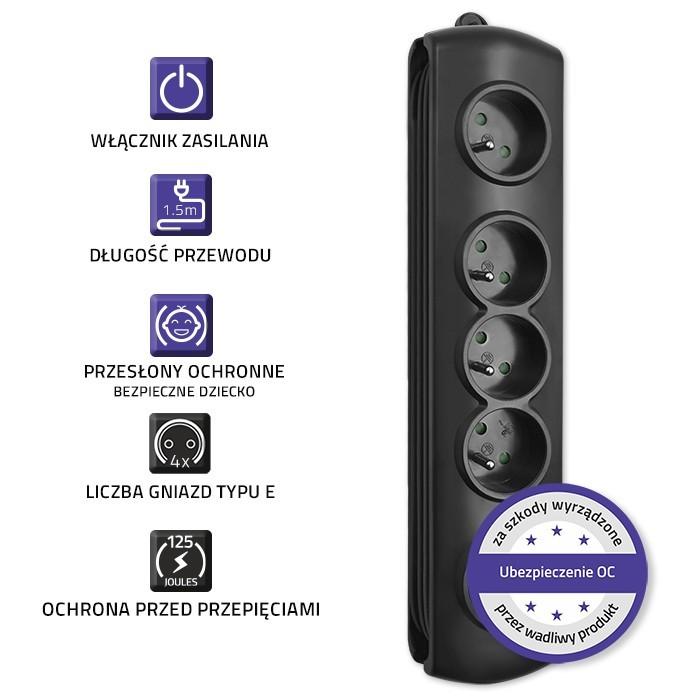 QOLTEC Listwa antyprzepięciowa Quick Switch 4 gniazda 1.5m