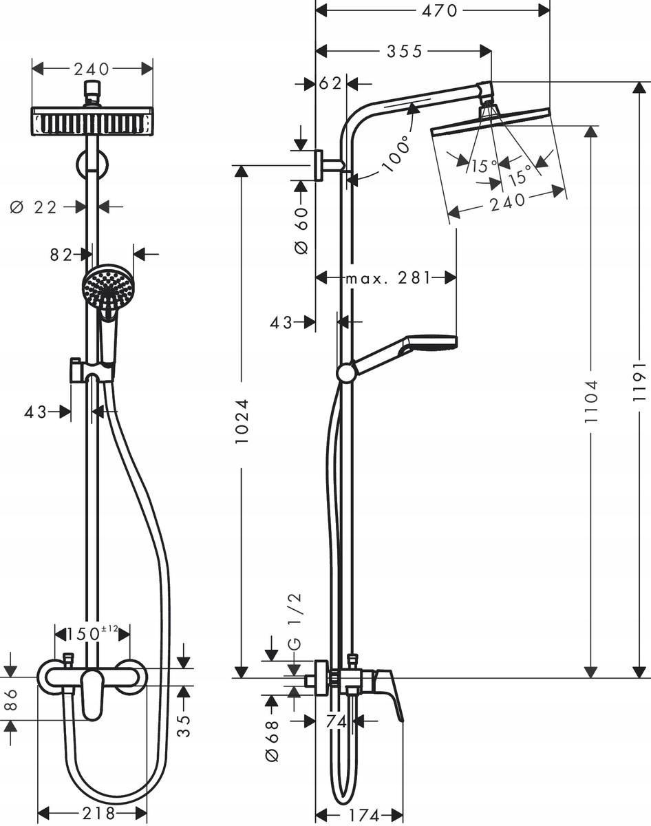 Komplet prysznicowy Hansgrohe Crometta E 240 1jet z baterią jednouchwytową