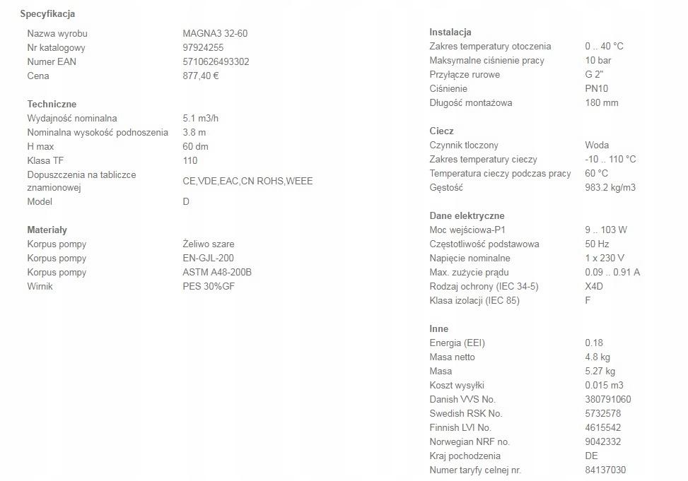 Pompa obiegowa GRUNDFOS Magna3 180 32-60 230V PN10 48h