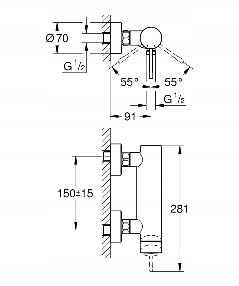 Bateria prysznicowa ścienna GROHE Eurosmart 1-uchwytowa 2-otworowa chrom