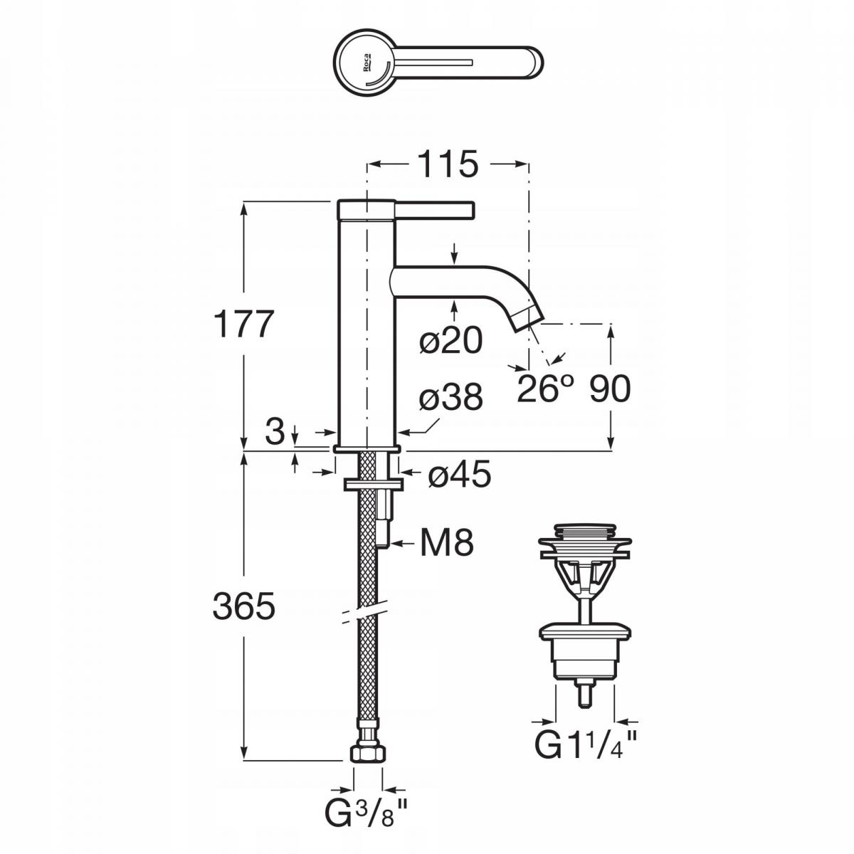 ROCA Bateria umywalkowa ONA jednouchwytowa sztorcowa z click-clack, chrom