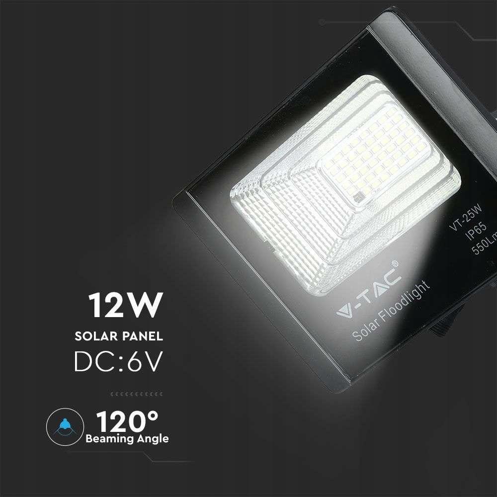 Projektor LED Solarny V-TAC 12W Czarny IP65, Pilot, Timer VT-25W 4000K 550l