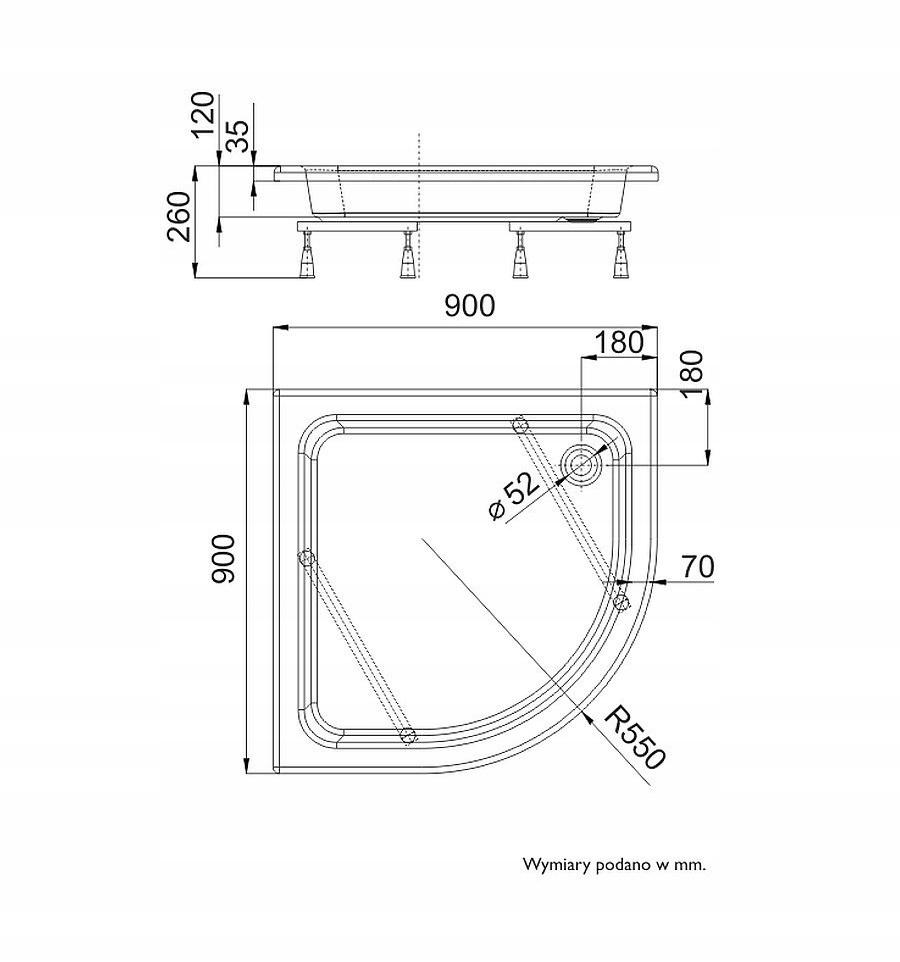 SCHEDPOL Brodzik akrylowy Zefir Standard Plus 90x90x26 cm R55 pólokrągły