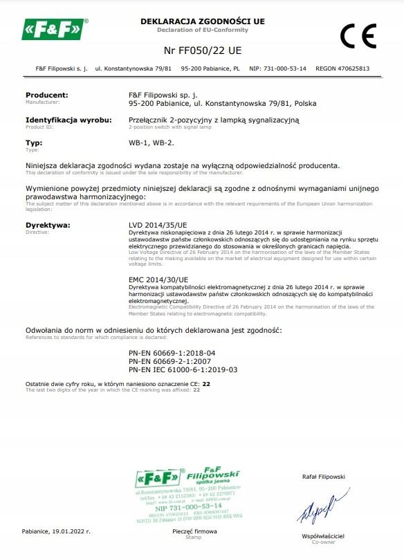F&F Przełącznik dwupozycyjny z lampką sygnalizacyjną czerwoną WB-1R