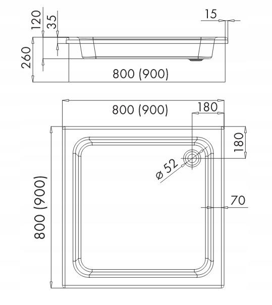 Brodzik akryl STABILSOUND kwadratowy 90x90x26 cm SCHEDPOL GRAWELLO