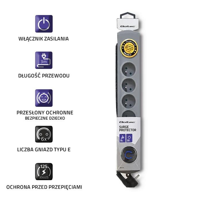 QOLTEC Listwa antyprzepięciowa Quick Switch 6 gniazd 3m