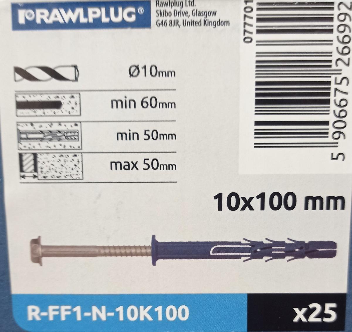 FF1 Kołek ramowy poliamidowy 10x100 mm z kołnierzem, Wkręt ocynk galwaniczn