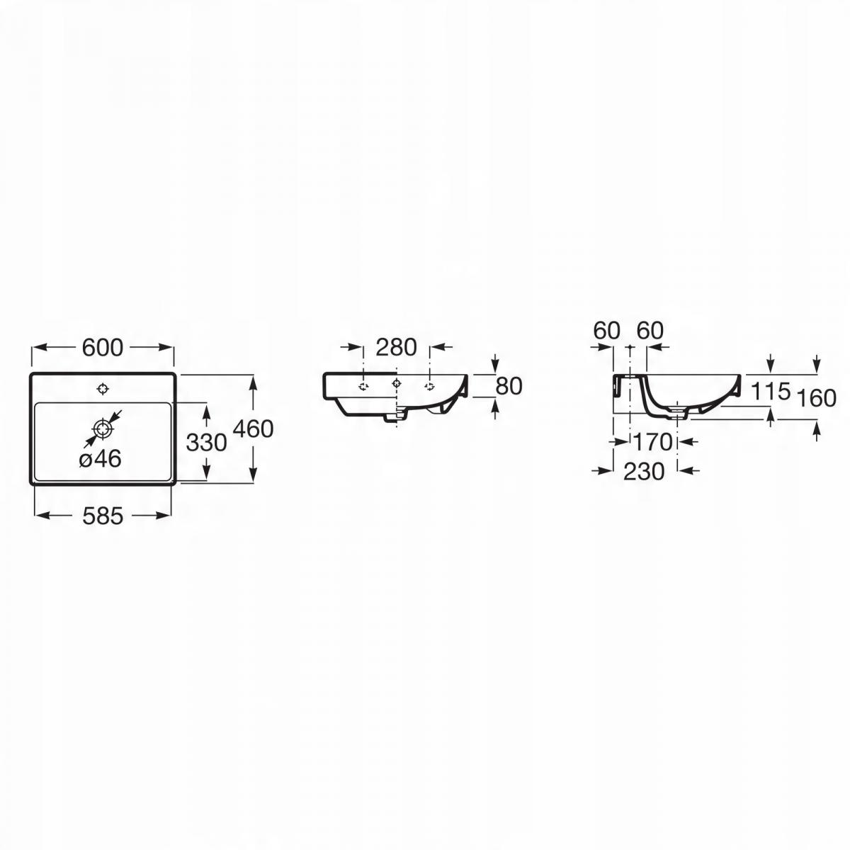 Umywalka ścienna ONA 60x46cm, z/otw., z/przel. Biały ROCA