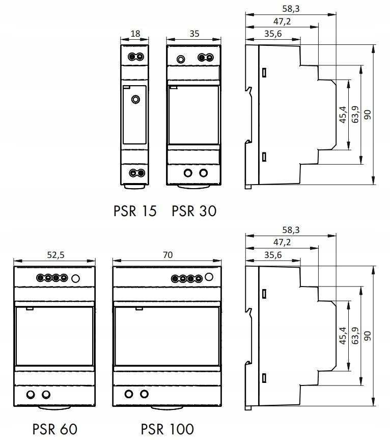 Zasilacz impulsowy PSR 06015 230/ 15VDC 4A 60W na szynę DIN, Uzas: 85-264VA