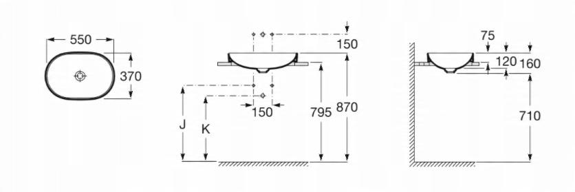 Umywalka nablatowa INSPIRA ROUND 55x37cm, b/otw., b/przel. Biały ROCA