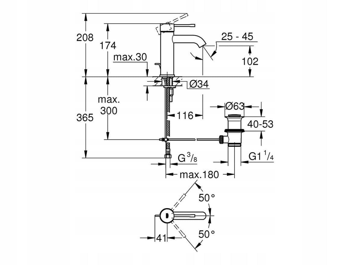 Bateria umywalkowa stojąca GROHE Essence 1-otw. phantom black giętkie węże