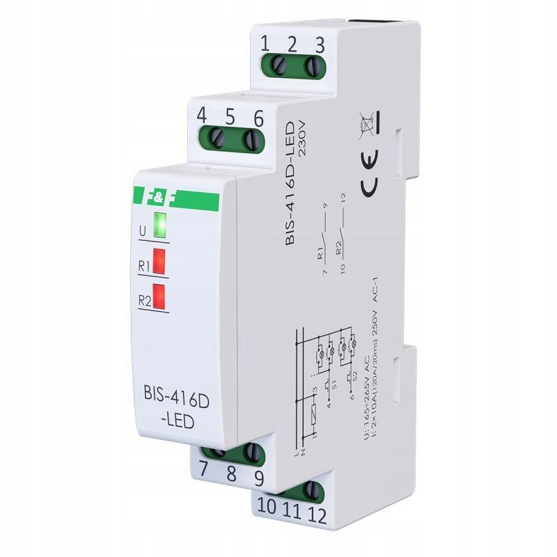Przekaźnik bistabilny 2 kanałowy on/off, BIS-416D-LED Un=230V,I=2x10A InRus