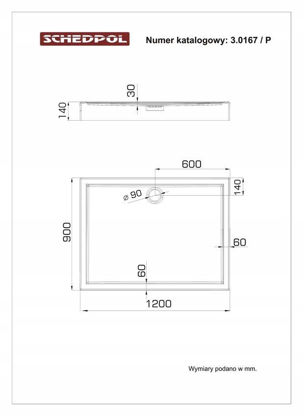 SCHEDPOL Brodzik akrylowy Competia z podbudową Stabilsound Plus 90x120x14cm