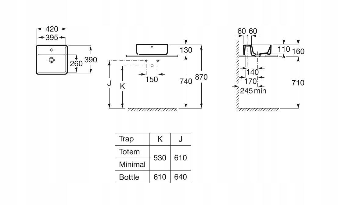 Umywalka nablatowa ALTER SQUARE 42x39cm, z/otw., z/przel. Biały ROCA
