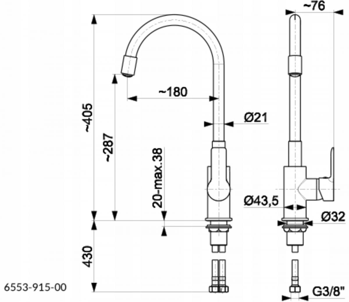 Bateria kuchenna stojąca ARMATURA KRAKÓW RUMBA 1ot szara/chrom z giętką wyl