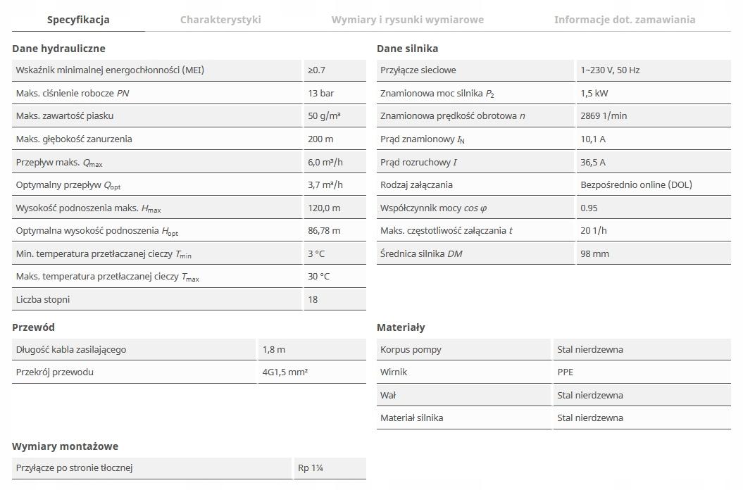 Pompa głębinowa Wilo-Sub TWU 4-0418-C EM do 120m 1x230V 48h