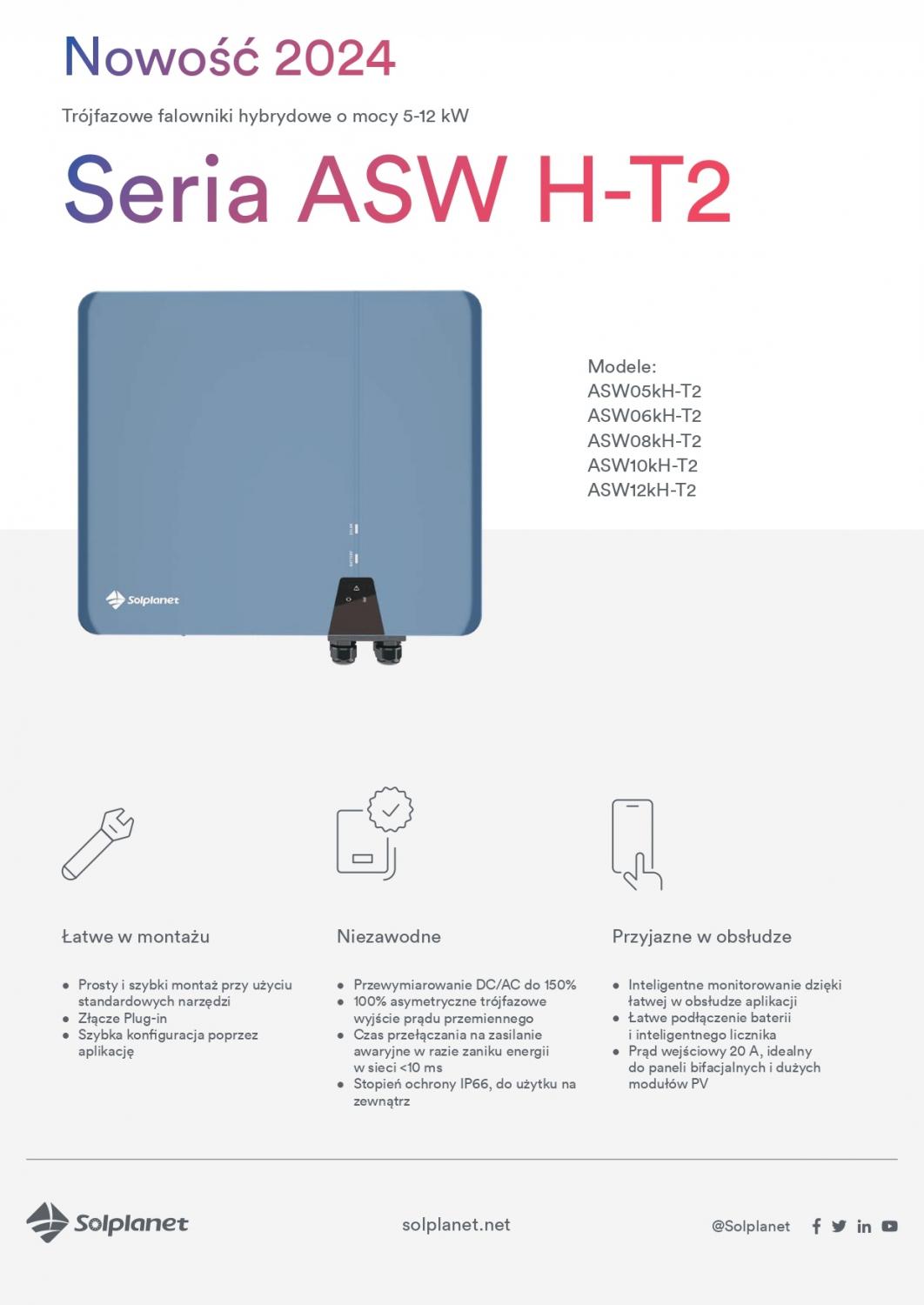 Falownik hybrydowy trójfazowy Solplanet ASW12kH-T2, 12kW, 2 MPPT, WLAN/LAN