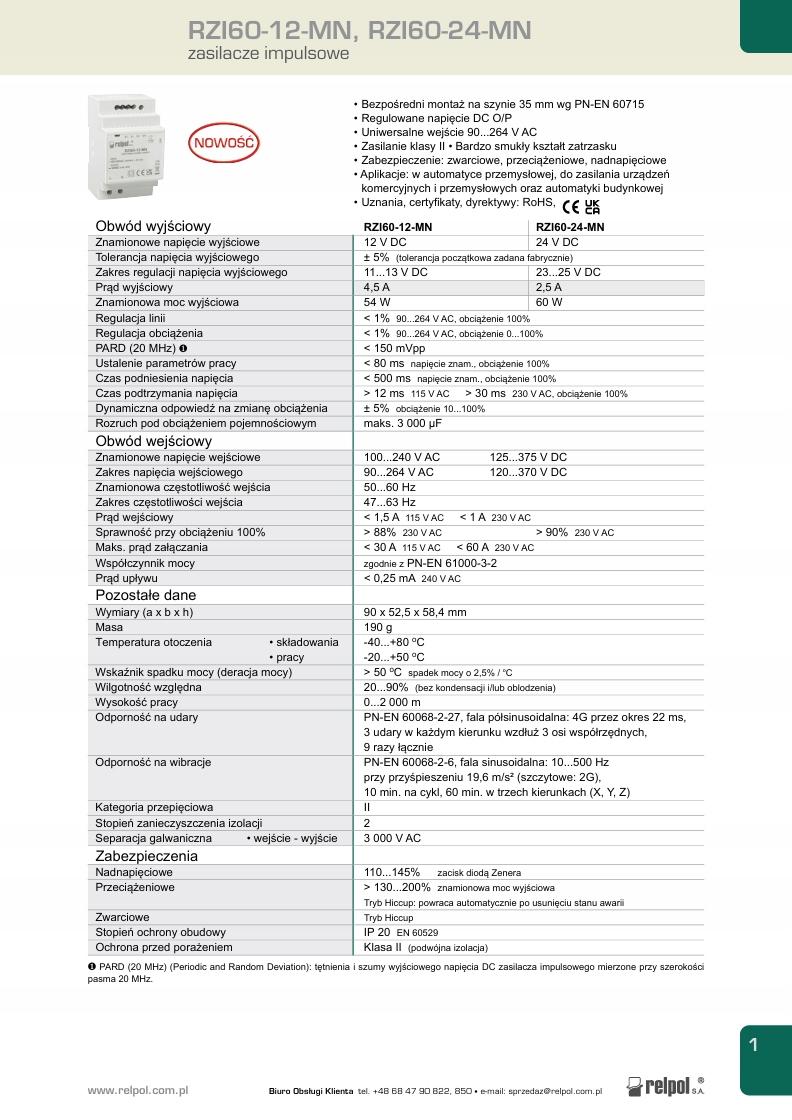 RELPOL Zasilacz impulsowy 60 W, 24 V DC RZI60-24-MN