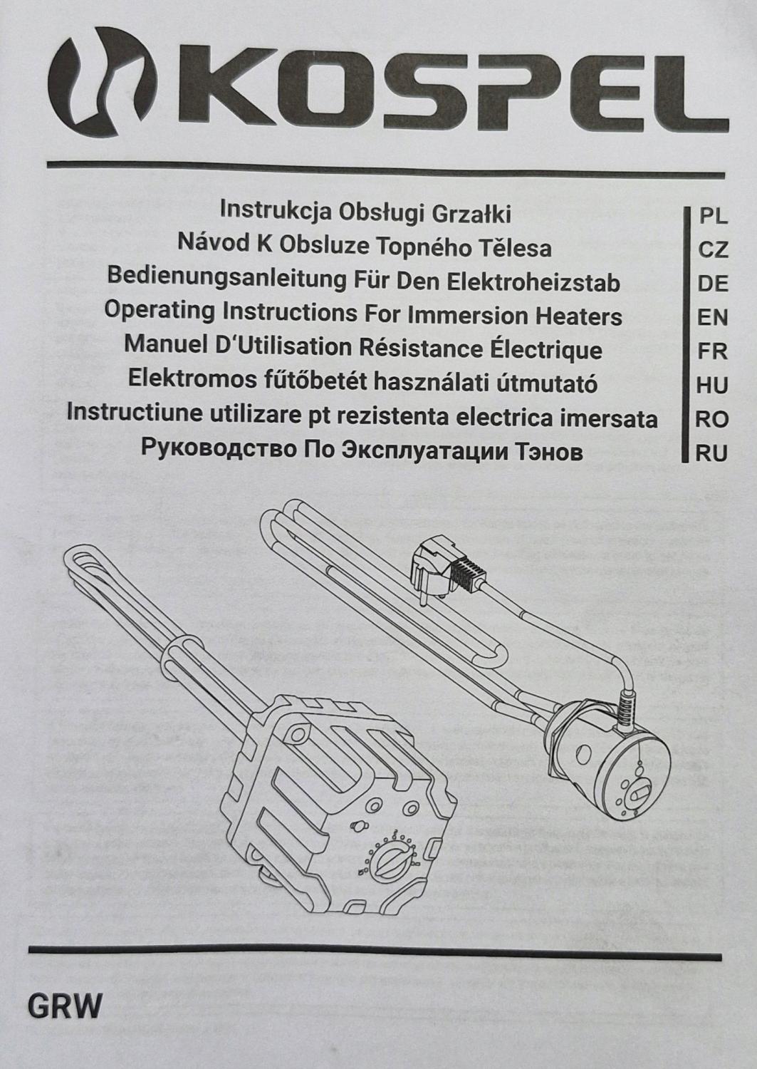 Grzałka elektryczna typ 50 1.4 kW 230 V 1 1/2 z termost KOSPEL GRW-1.4 kW